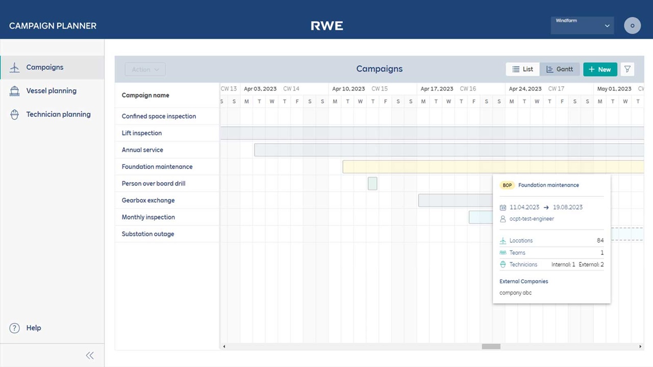 A screenshot of a project planner displaying various campaigns and timelines for inspections and maintenance tasks.