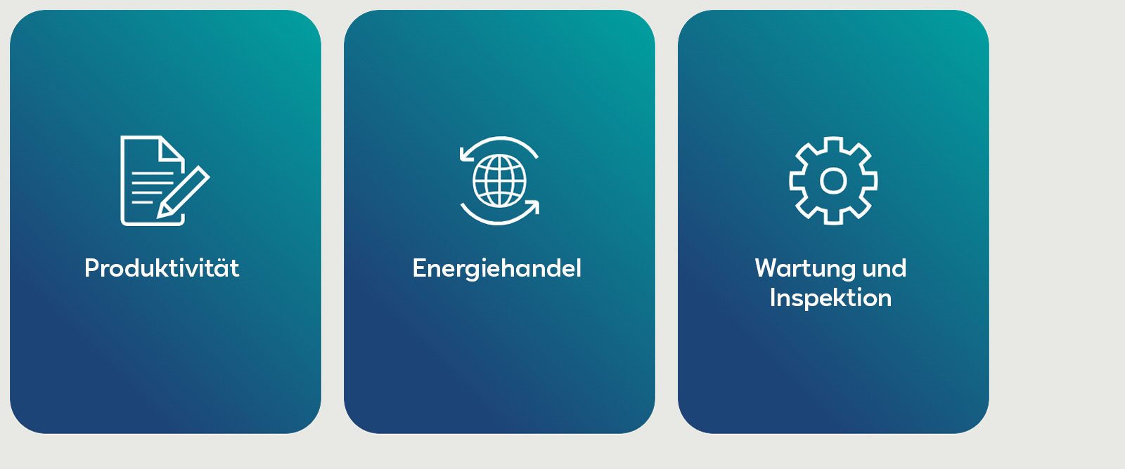 Drei Symbole, die Produktivität, Energiehandel und Wartung darstellen, mit entsprechenden Textbeschriftungen.