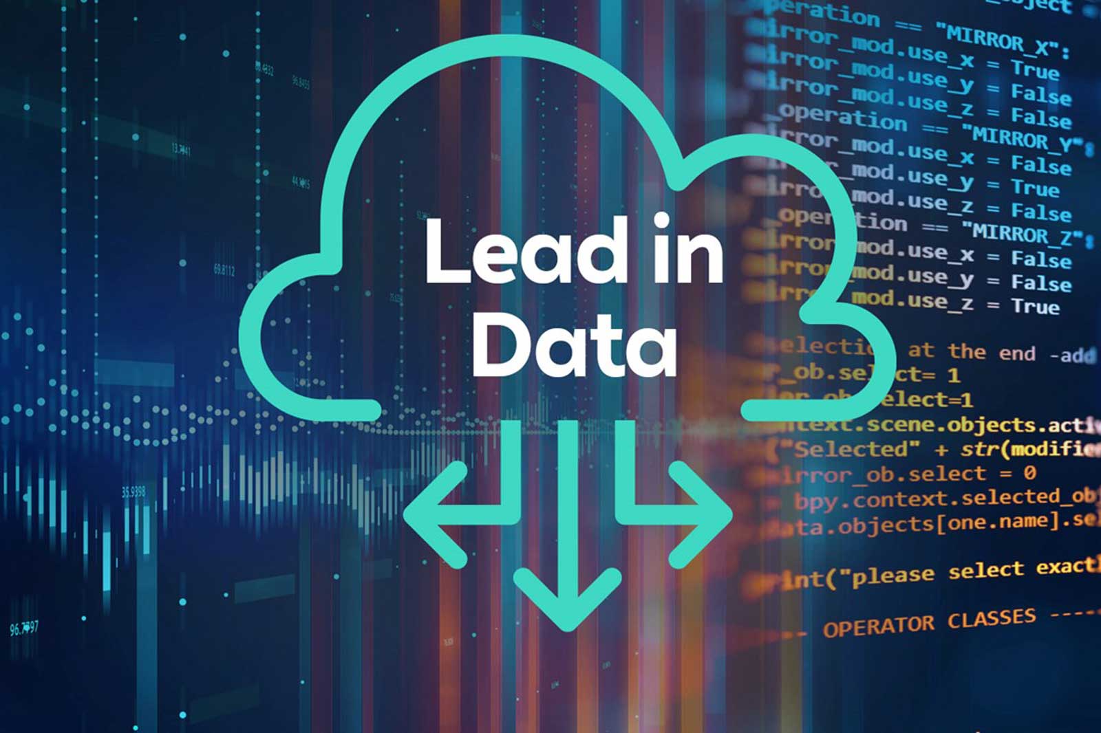 An image featuring the text 'Lead in Data' in a cloud design, set against a background of data visualisations and programming code.
