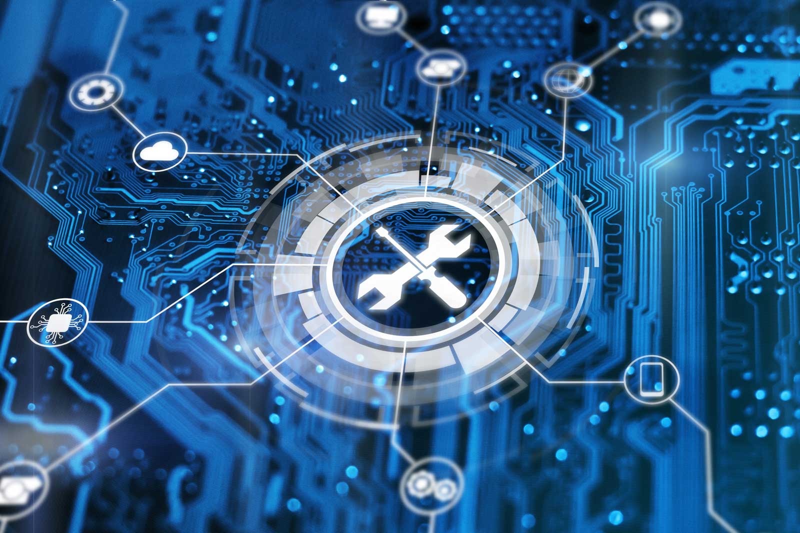 A blue circuit board featuring cloud computing icons and a central tool symbol.