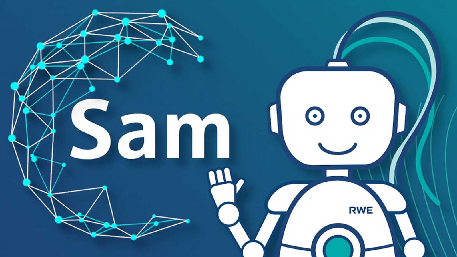 A smiling robot named Sam with a logo, surrounded by a geometric network and waves.
