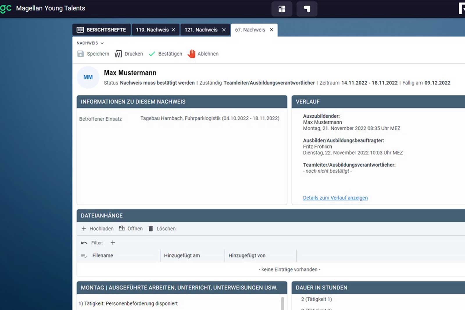 Screenshot of a software interface displaying information about Max Mustermann, including training details.