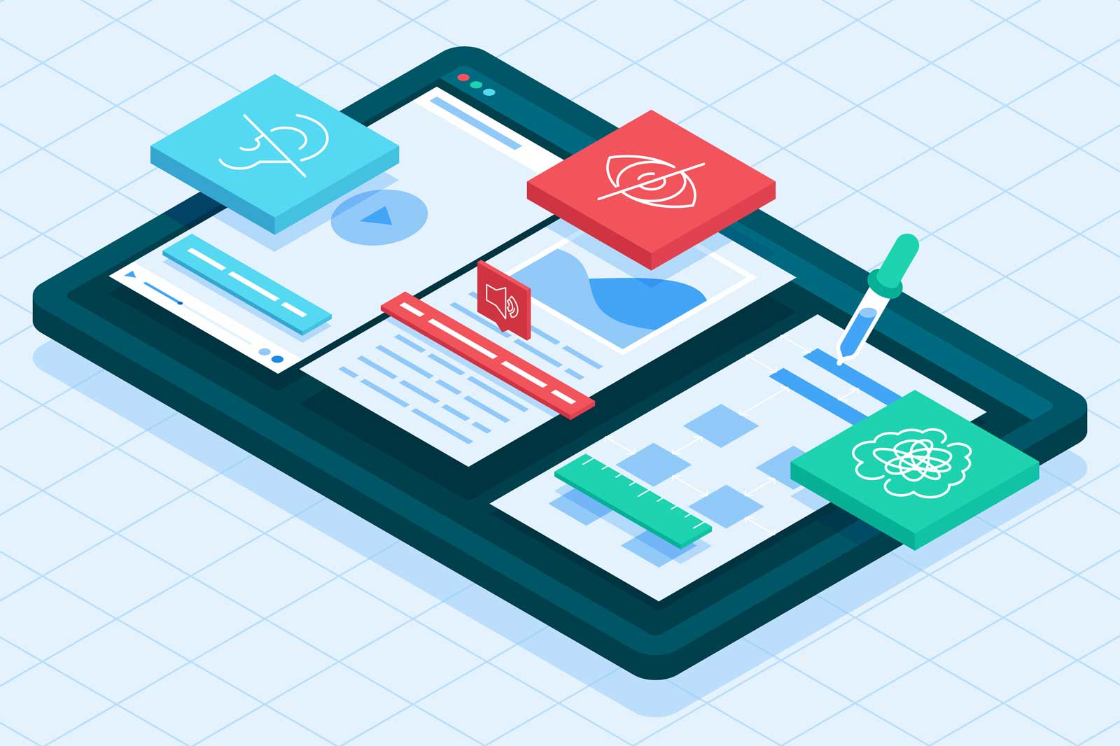 An illustration of a digital workspace with tools for analysis, including graphs, audio controls, and a pen for notes.