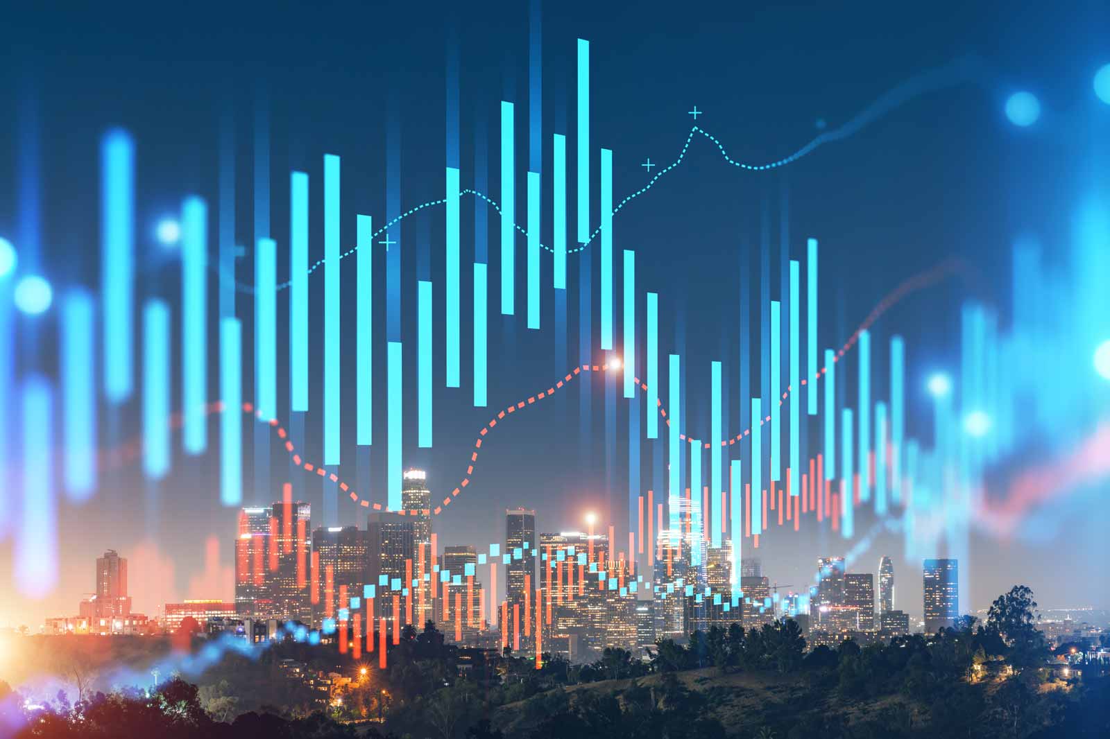 A digital city skyline overlaid with vibrant financial graphs and data visualisations at night.