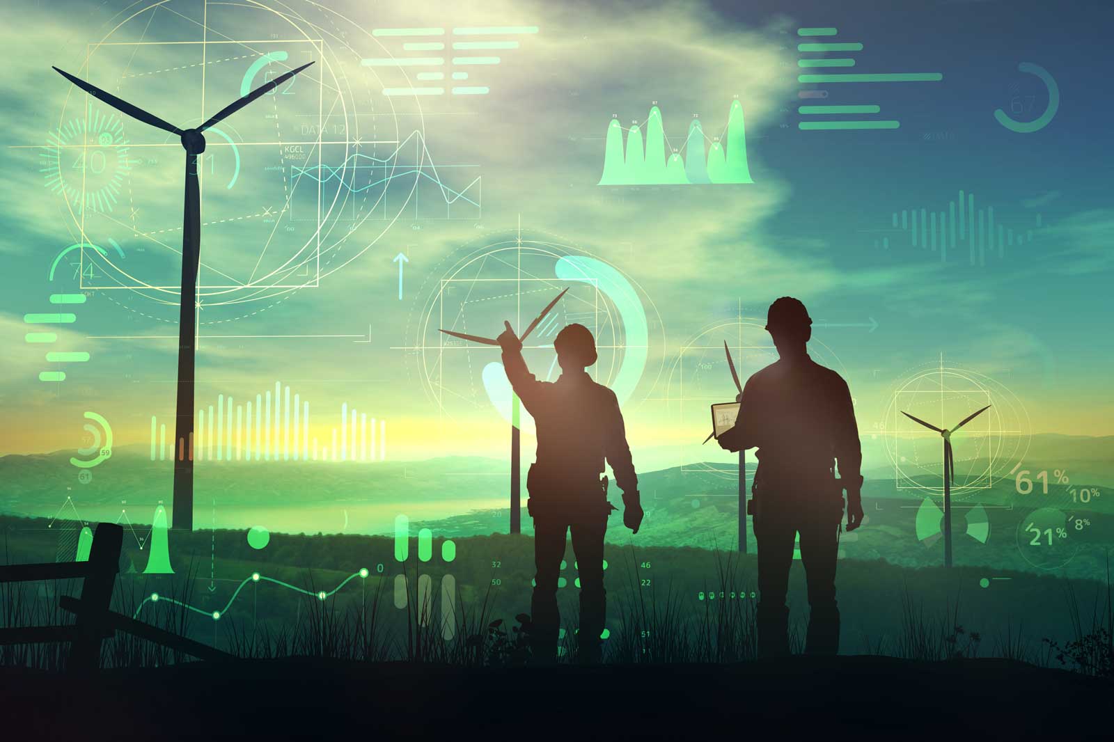 Silhouetten von zwei Personen vor Windkraftanlagen. Digitale Grafiken und Diagramme sind im Hintergrund sichtbar.