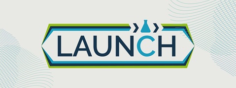 Ein modernes Logo mit dem Wort 'LAUNCH' in Grossbuchstaben, umgeben von geometrischen Mustern und Farbreihen.