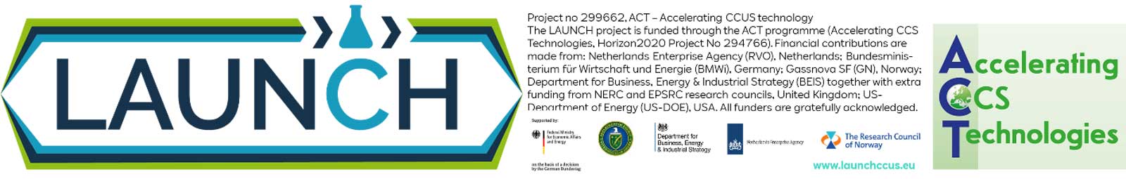 Das Bild zeigt das Logo des LAUNCH-Projekts zur Beschleunigung von CCS-Technologien, unterstützt von verschiedenen Agenturen.