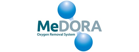 Logo von MeDORA, einem Sauerstoffentfernungssystem, bestehend aus Text und stilisierten Blasen.