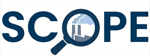 Das Wort 'SCOPE' ist in blauer Schrift dargestellt, mit einer Lupe, die eine Fabrik mit rauchenden Schornsteinen zeigt.