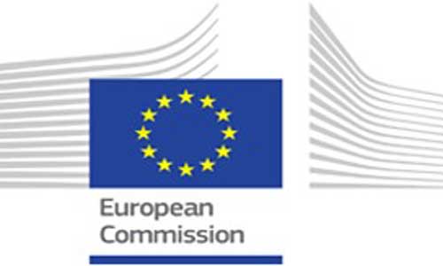 Das Bild zeigt das Logo der Europäischen Kommission mit einem blauen Hintergrund und einem Kranz aus gelben Sternen.