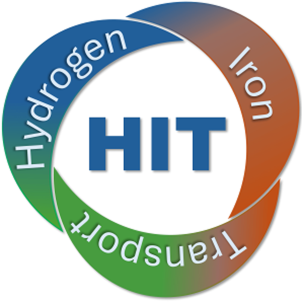 Ein Logo mit den Buchstaben 'HIT', umgeben von drei Kreisen, die 'Wasserstoff', 'Eisen' und 'Transport' beschriften.