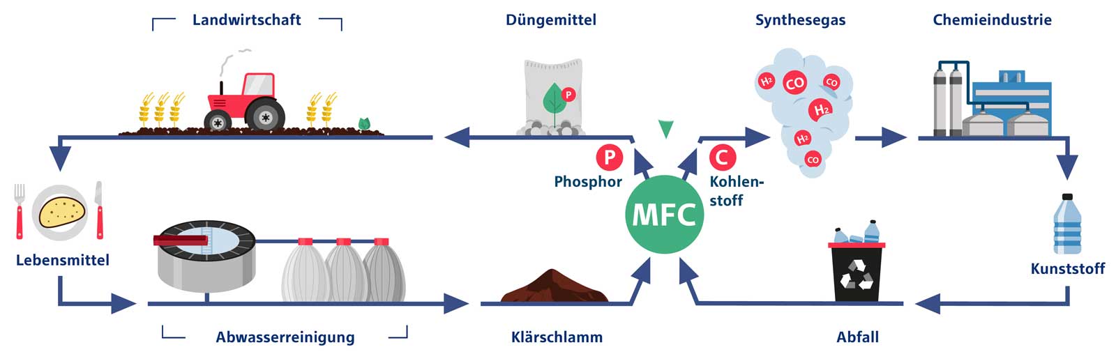 Eine grafische Darstellung der landwirtschaftlichen Prozesse, die die Verbindung von Lebensmitteln, Düngemitteln, Abwasserreinigung und Chemieindustrie zeigt.
