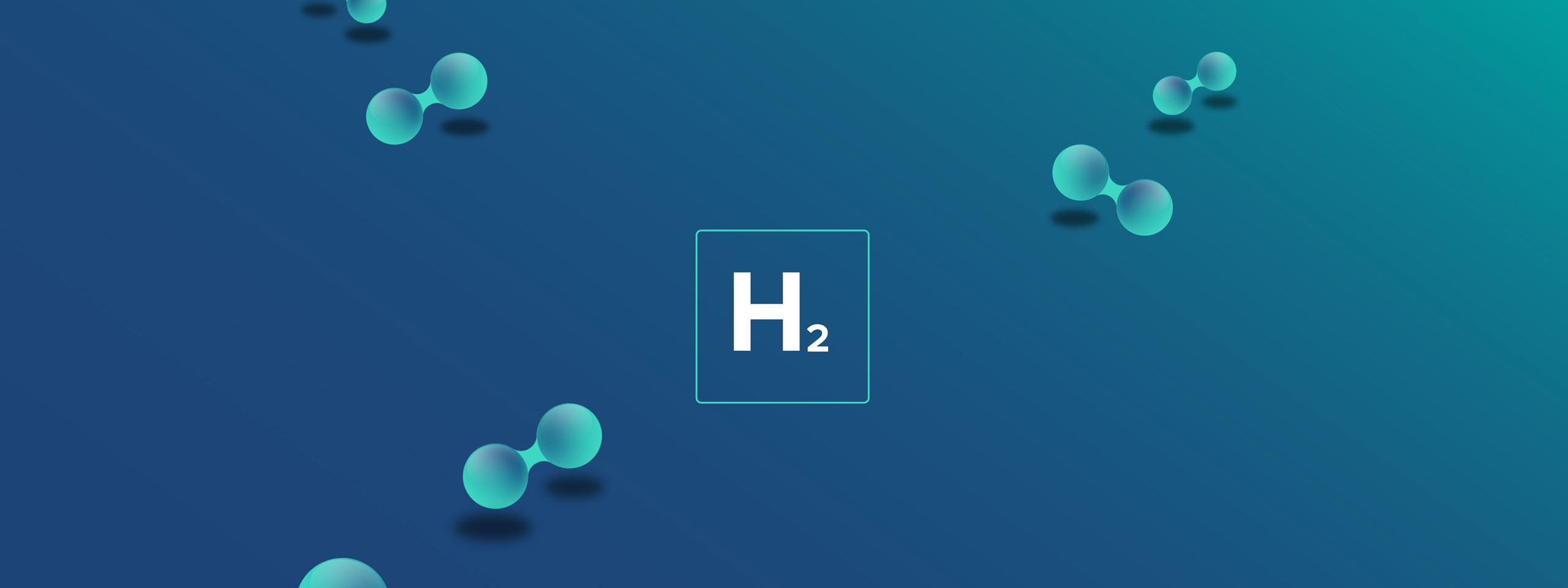 Ein digitales Bild von Wasserstoffmolekülen auf einem blauen Hintergrund. Das Symbol H₂ ist zentral positioniert.