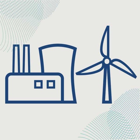 Eine stilisierte Darstellung eines Kraftwerks neben einem Windrad, das erneuerbare Energie symbolisiert.