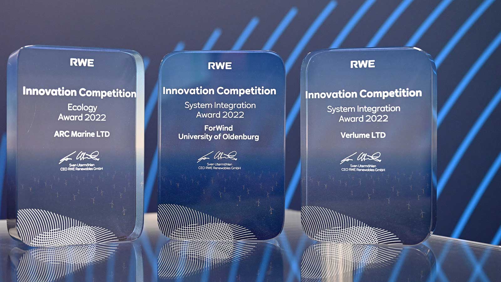 Three awards from RWE for the Innovation Competition 2022, recognising ARC Marine LTD, ForWind, and Verlume LTD.