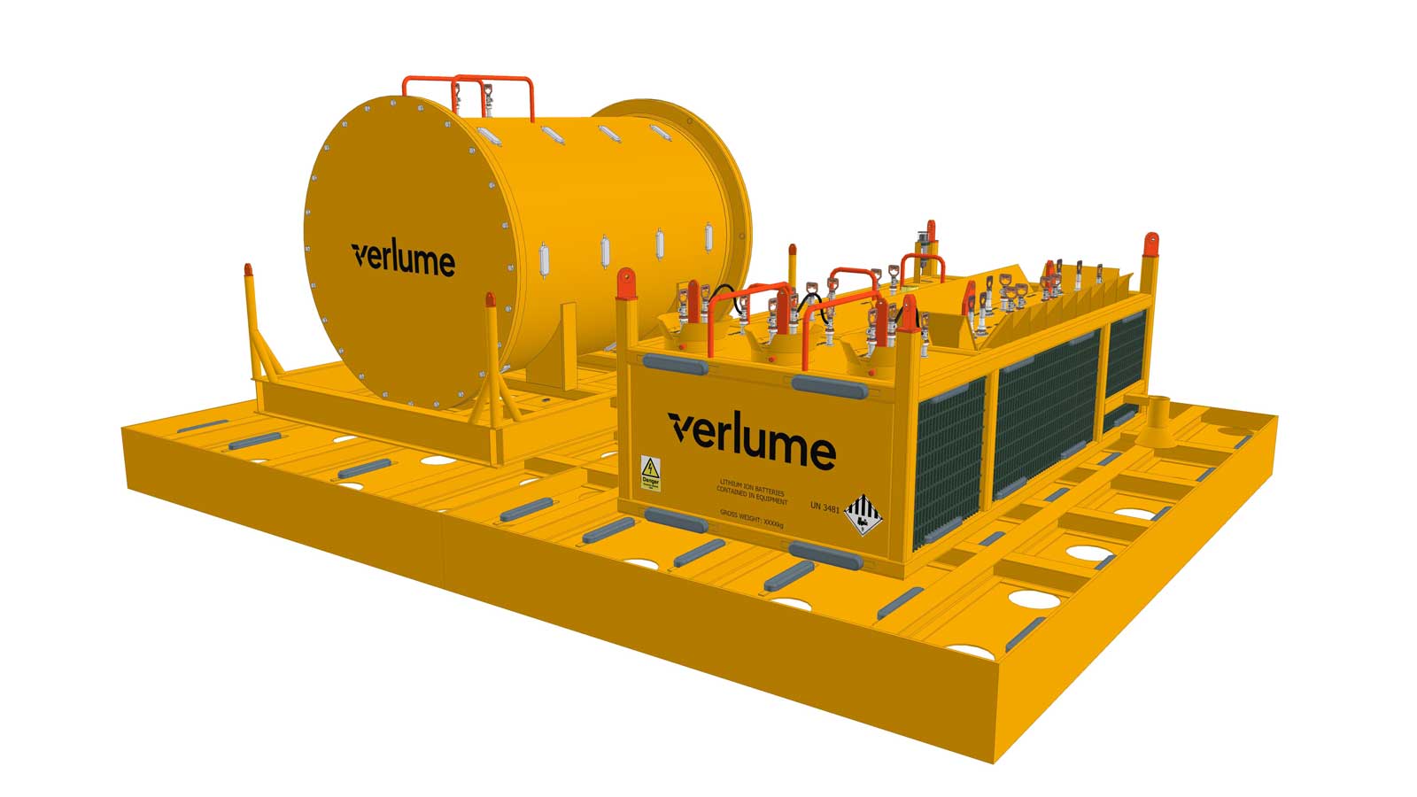 Ein gelbes Batteriecontainer-System mit verschiedenen Anschlüssen und Ventilen, gekennzeichnet mit dem Namen Verlume.