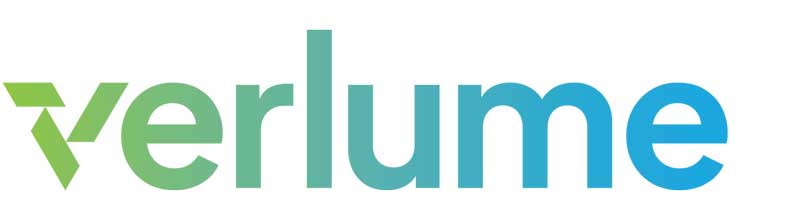 Das Logo von Verlume mit einer stilisierten grünen und blauen Schrift, die einen modernen Look vermittelt.