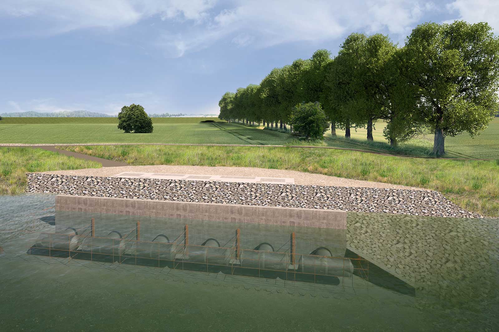 Ein Ufer mit Steinschüttung, unter Wasser liegenden zylindrischen Schwimmern mit Bögen und Gestell sowie einer Wiese und einer Baumallee.