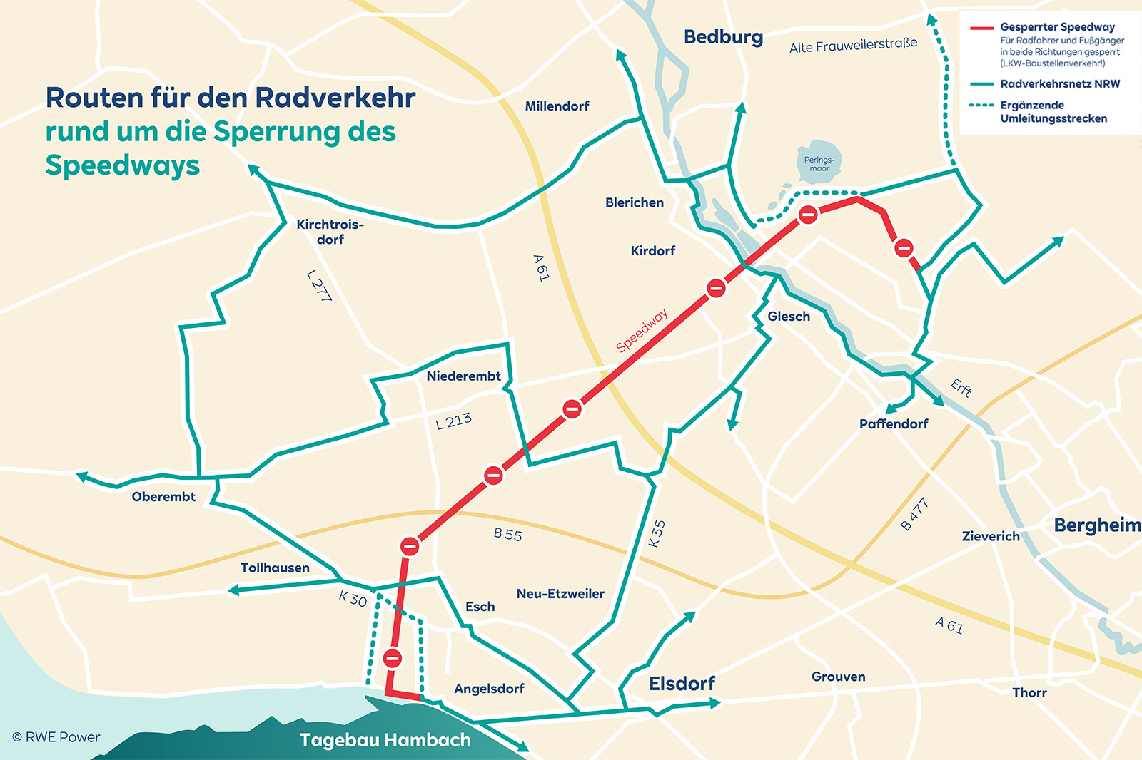 Karte mit Radumleitungen rund um die Sperrung des Speedways beim Tagebau Hambach; rote Sperrstrecke und türkisfarbene Umleitungen sind eingezeichnet.