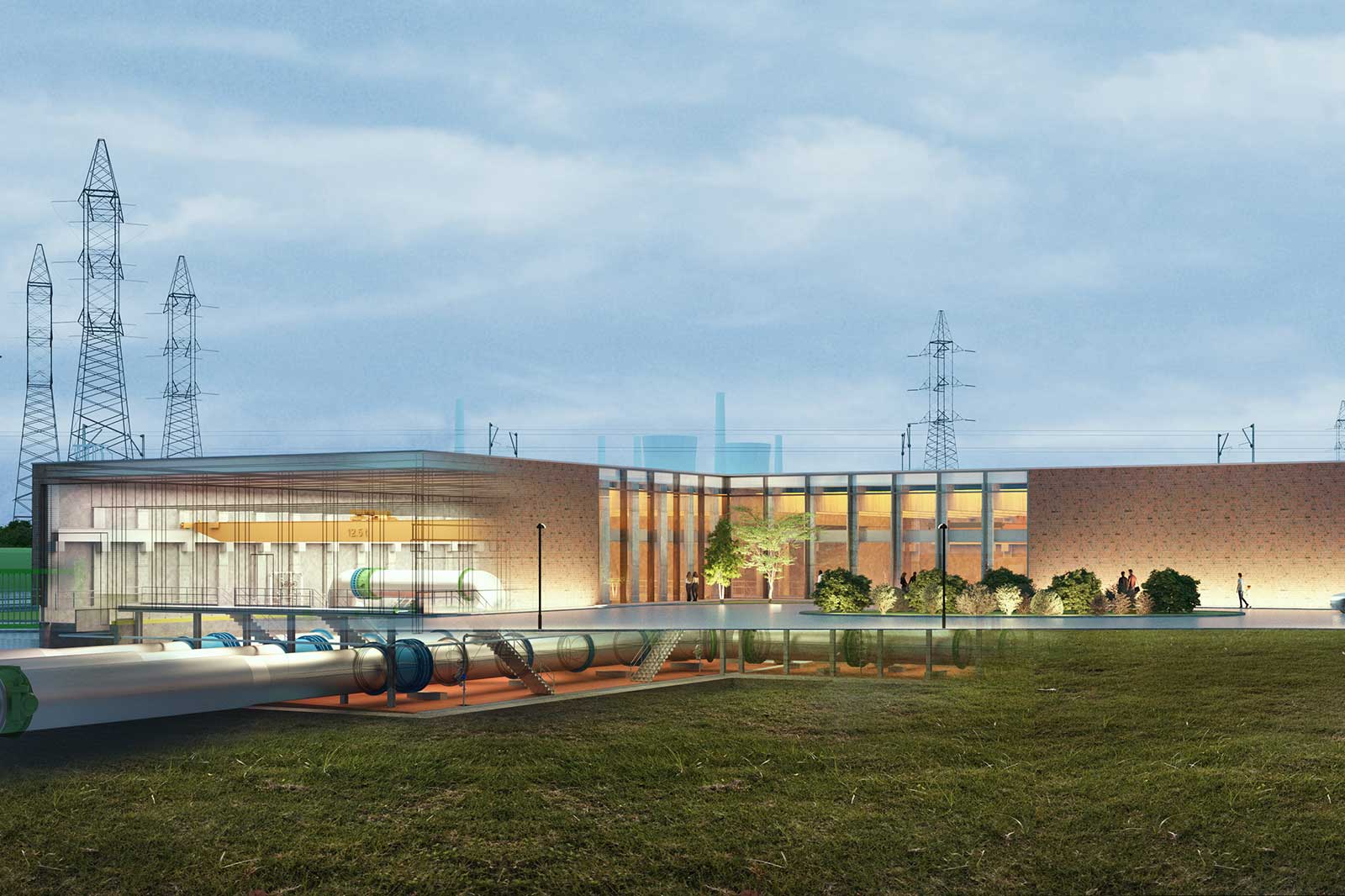 Ein modernes Industriegebäude bei Dämmerung mit Glaswänden, Rohrleitungen im Querschnitt, Backsteinfassade, begrüntem Innenhof und Strommasten.