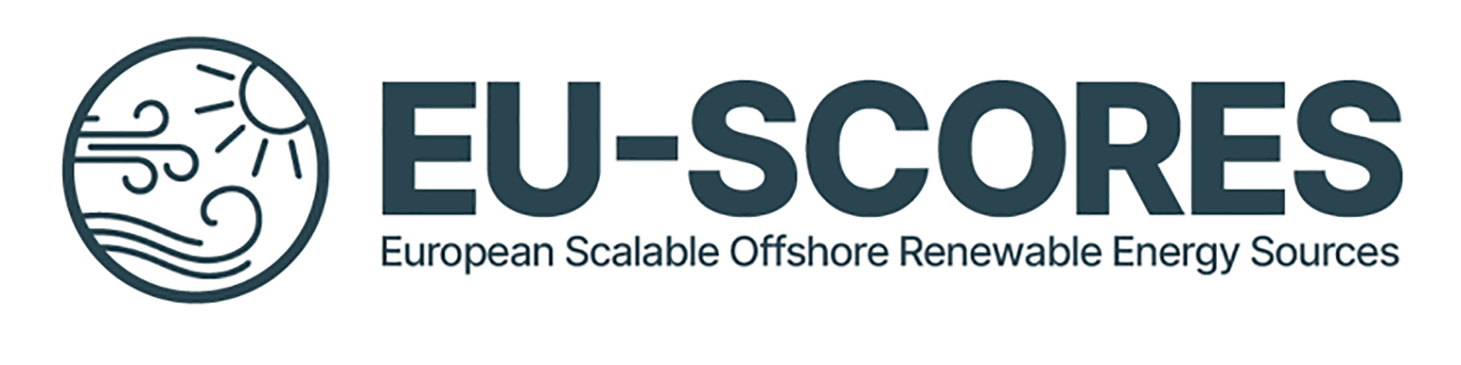 Logo of EU-SCORES featuring sun and wind symbols. Represents European offshore energy sources.