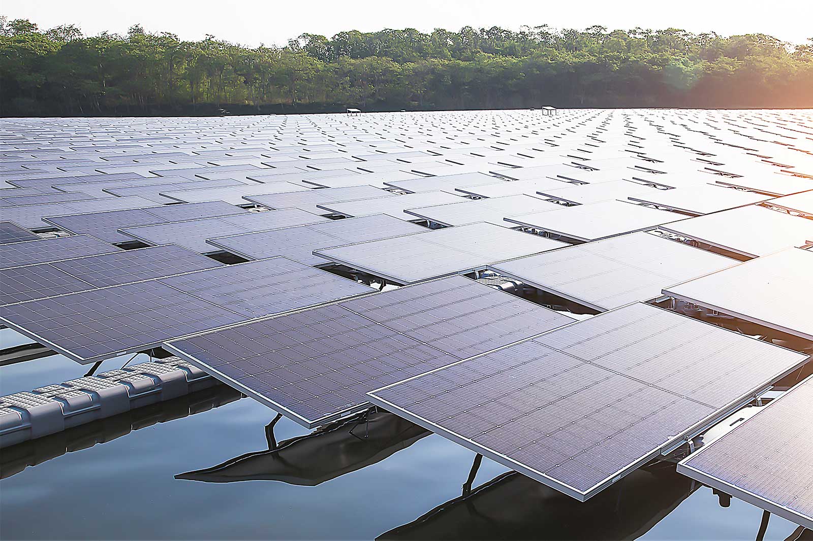 A large array of solar panels on water with green forest in the background.