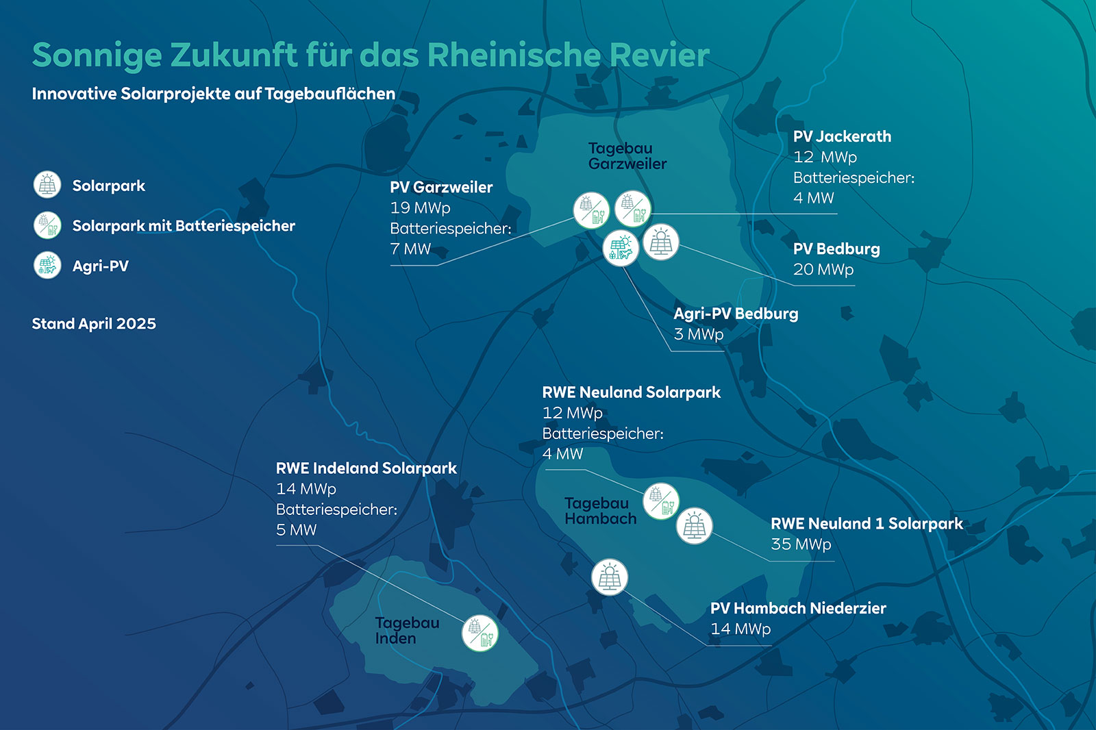 Karte, die Solarprojekte im Rheinischen Revier zeigt, einschließlich der Standorte und Kapazitäten im April 2025.
