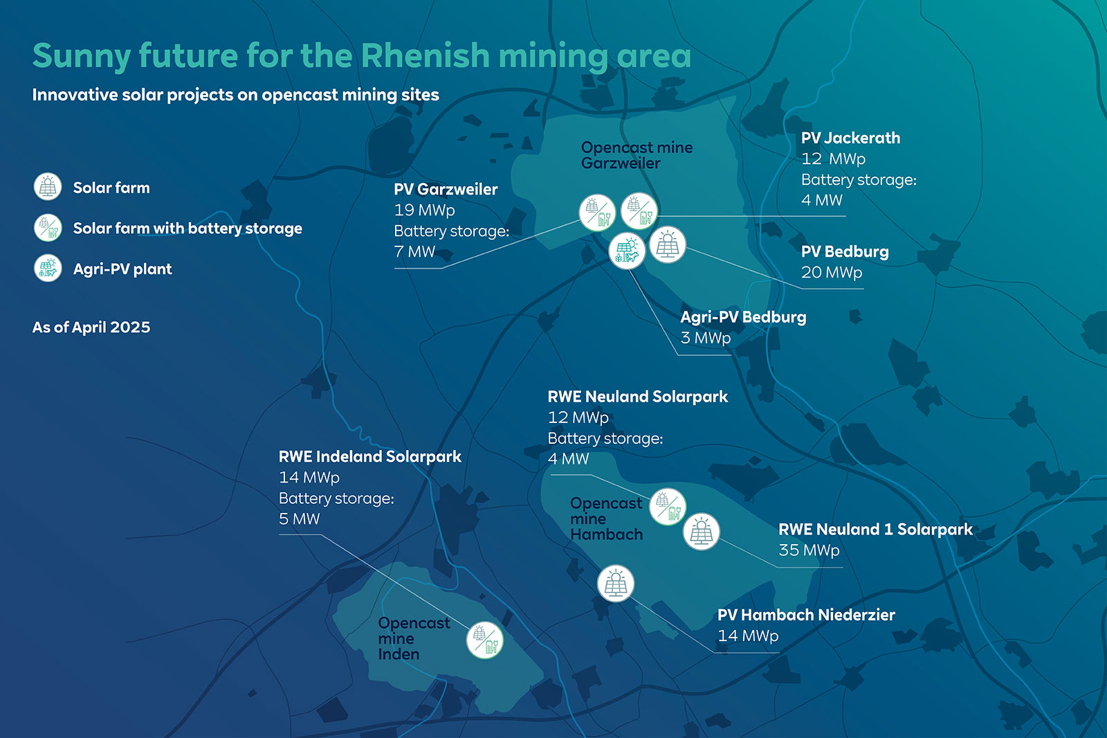 Map showing solar projects in the Rhenish mining area, detailing capacity and battery storage of each site as of April 2025.