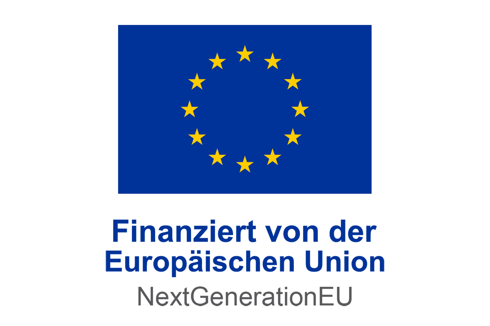 Flagge der Europäischen Union mit einem Kreis aus gelben Sternen auf blauem Hintergrund, begleitet von Text unten.