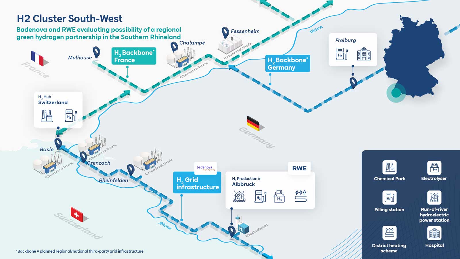 Map of the H2 Cluster South-West, showing hydrogen infrastructure across regions in France, Switzerland, and Germany.