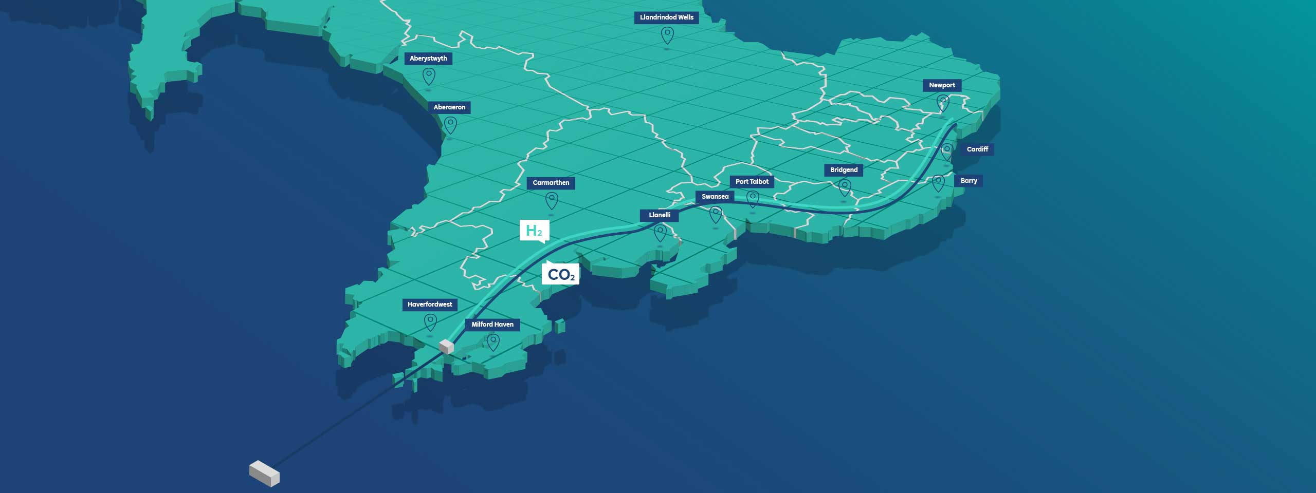 Karte von Wales mit Städten, Wasserwegen und Symbolen für Wasserstoff und Kohlendioxid.