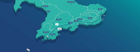 Karte von Wales mit Städten, Wasserwegen und Symbolen für Wasserstoff und Kohlendioxid.