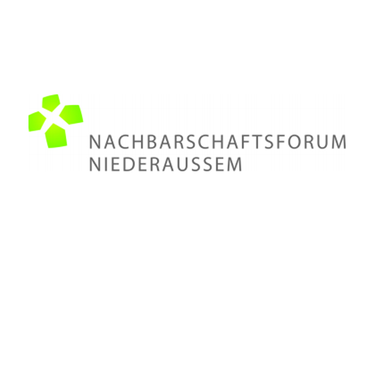 Logo des Nachbarschaftsforums Niederaußem mit einem grünen geometrischen Design und Text.