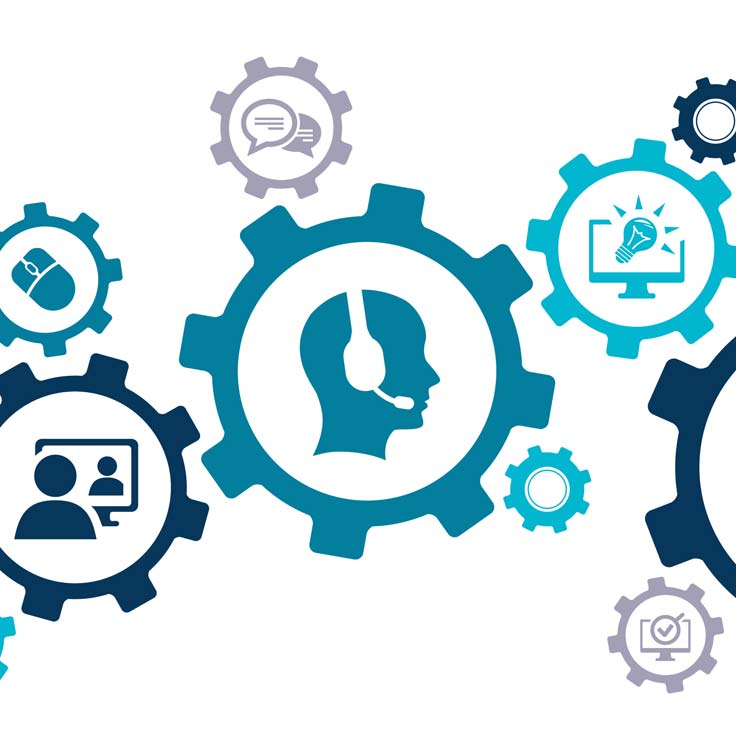 Eine Illustration von Zahnrädern mit Symbolen, die Kommunikation, Technologie und Unterstützungsrollen darstellen und Teamarbeit betonen.