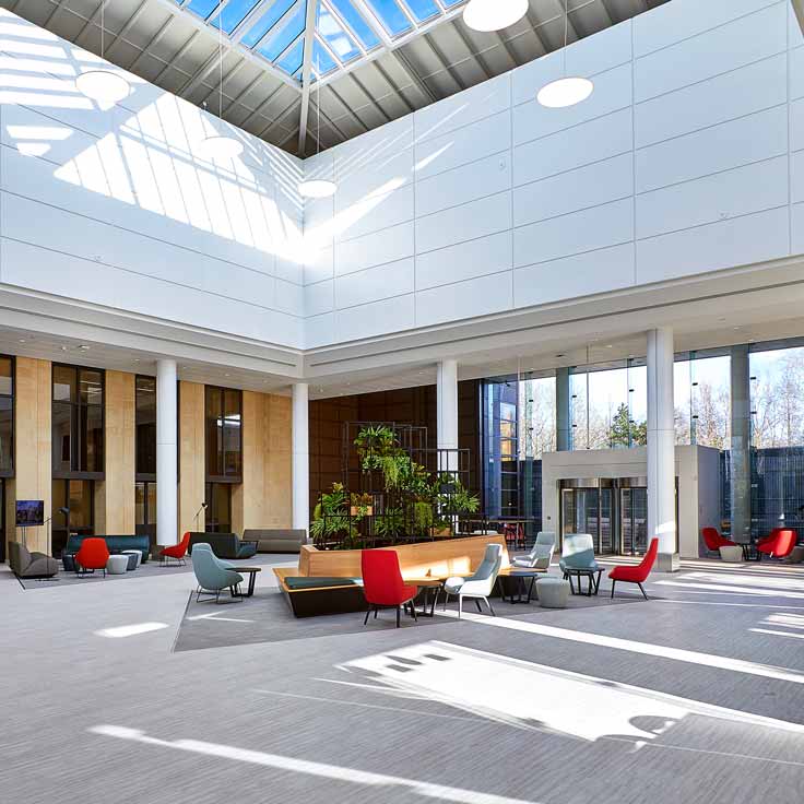 Ein moderner Innenraum mit natürlichem Licht, stilvollen Sitzgelegenheiten und Pflanzen.