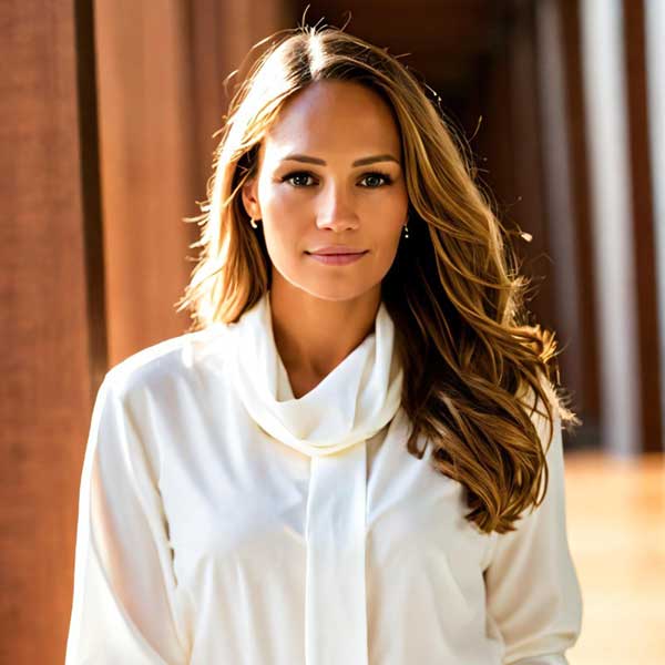 Eine Frau in einer weißen Bluse mit langen Haaren, die drinnen vor einer hölzernen Kulisse steht. Portrait von Natalie Rothausen.