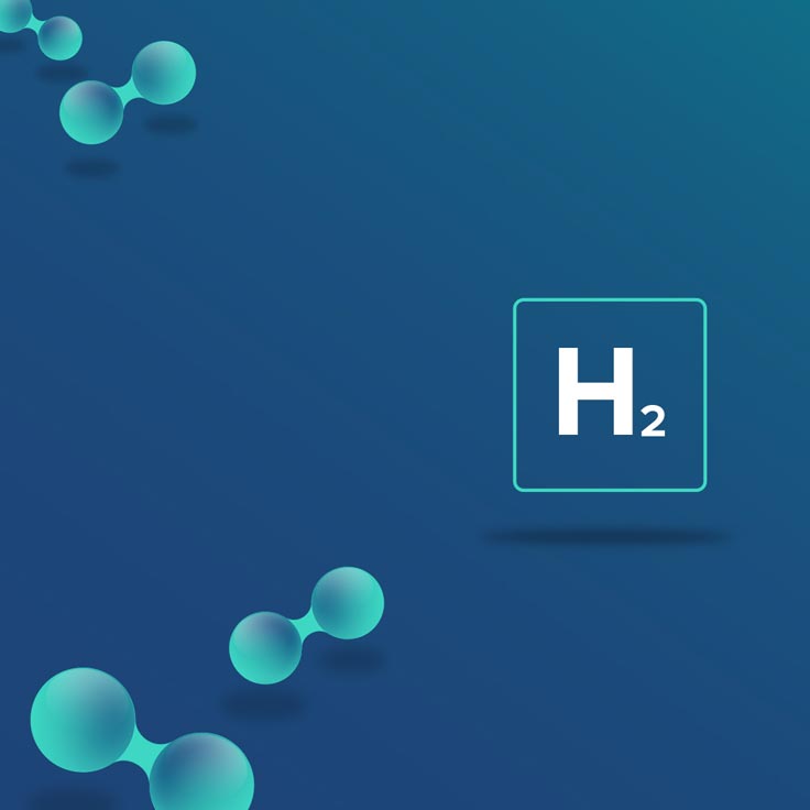 Grafik mit Wasserstoffmolekülen und dem chemischen Symbol H2 auf einem blauen Hintergrund.