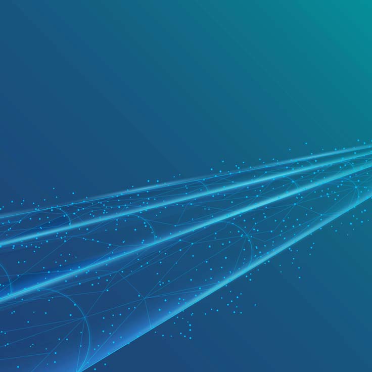 Ein digitales abstraktes Hintergrundbild mit blauen Linien und Punkten auf einem Farbverlauf, der Technologie und Vernetzung symbolisiert.