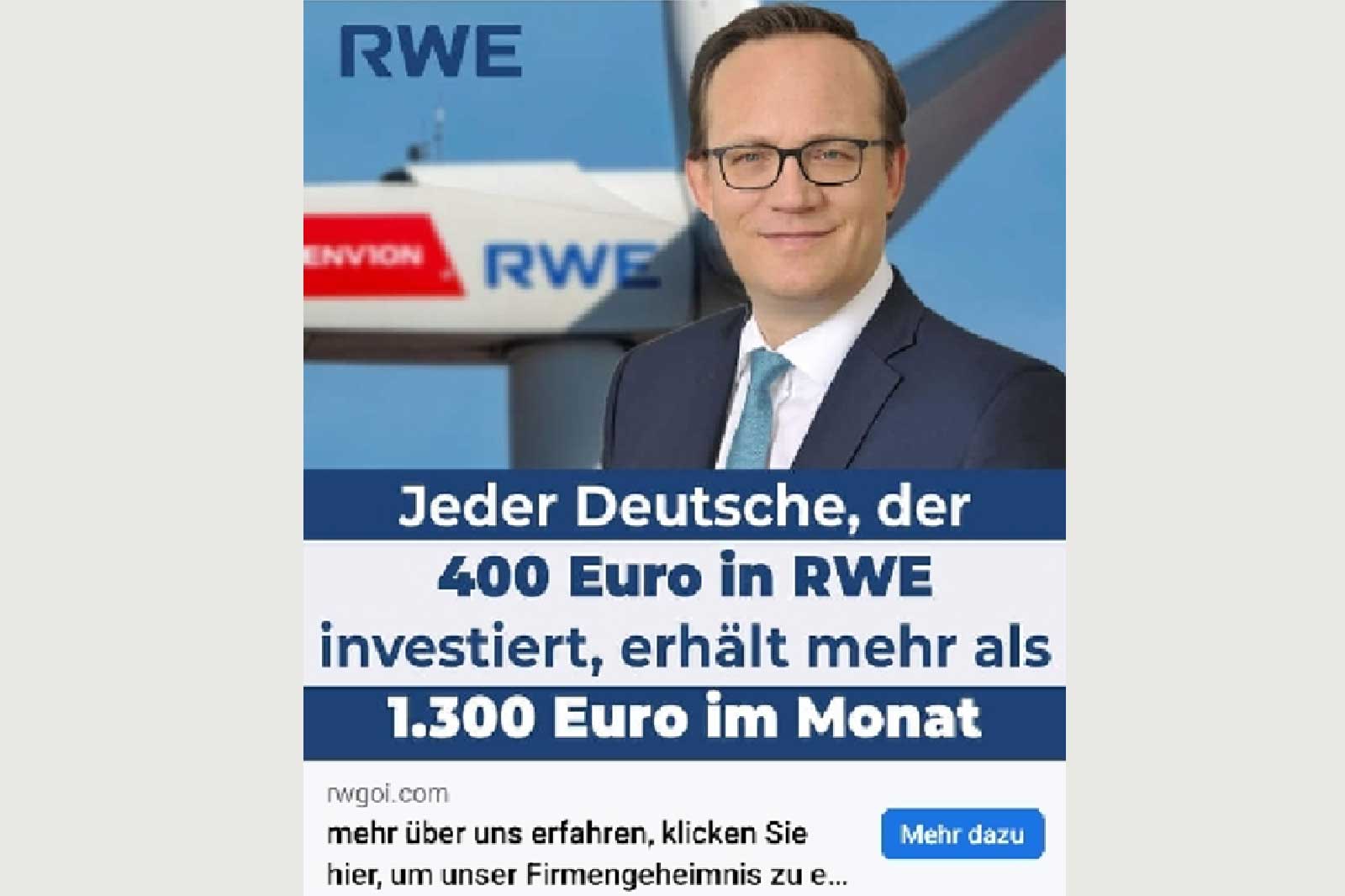 Werbung für RWE mit dem Text, dass eine Investition von 400 Euro über 1.300 Euro monatlich zurückgibt.