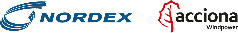 Zwei Firmenlogos nebeneinander auf weißem Hintergrund: links das blaue, geschwungene Symbol mit dem Schriftzug „NORDEX“, rechts das rote Symbol und „acciona Windpower“.