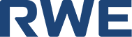 Großes dunkelblaues Logo mit den blockigen Großbuchstaben „RWE“ auf weißem Hintergrund, klare kantige Typografie und glatte gefüllte Flächen.