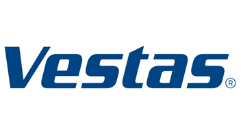 Eine kräftig blaue, stilisierte Wortmarke „Vestas“ mit eingetragenem ®-Symbol ist zentriert auf sauberem weißem Hintergrund dargestellt.