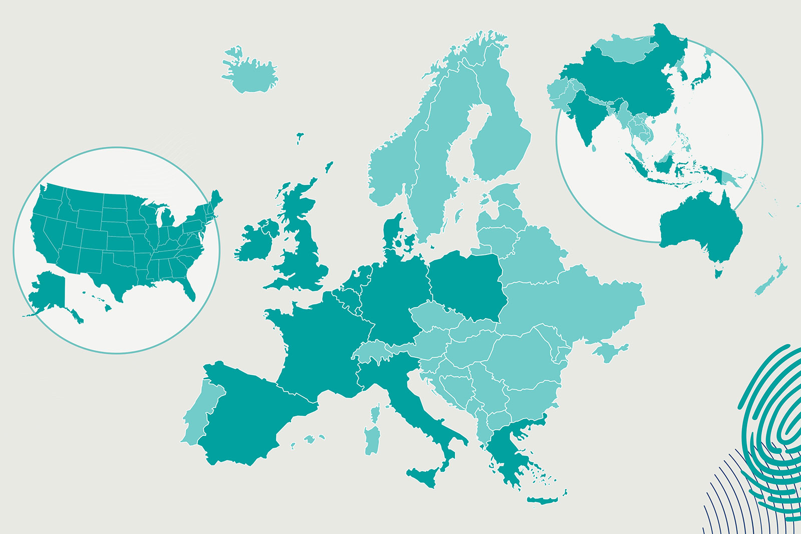 A map view of Europe featuring parts of the USA and Asia. The countries are shaded in various green tones.