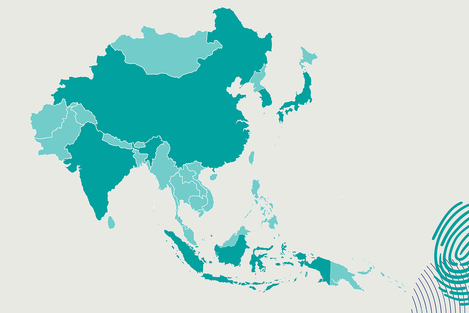 A map of Asia showcasing its diverse regions in shades of turquoise against a light background, with intricate borders.