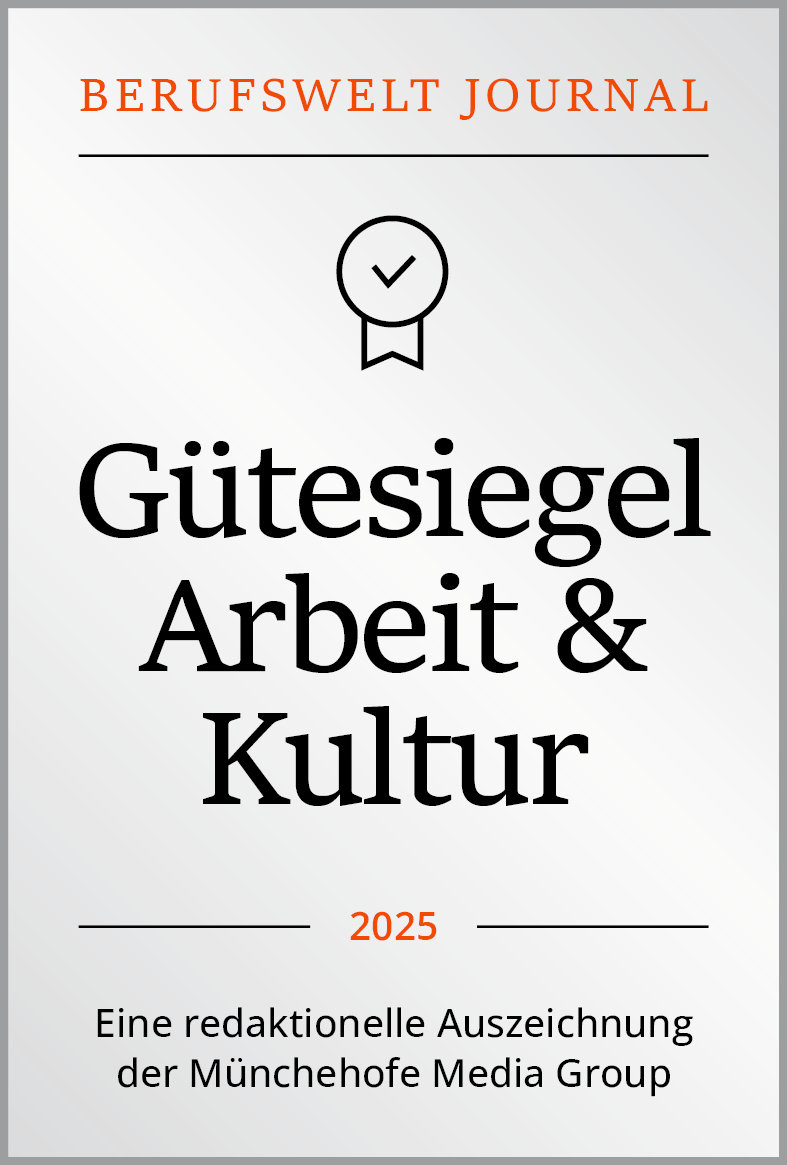 Das Gütesiegel Arbeit & Kultur für 2025, verliehen vom Berufswelt Journal, ehrt die Qualität in Arbeit und Kultur.