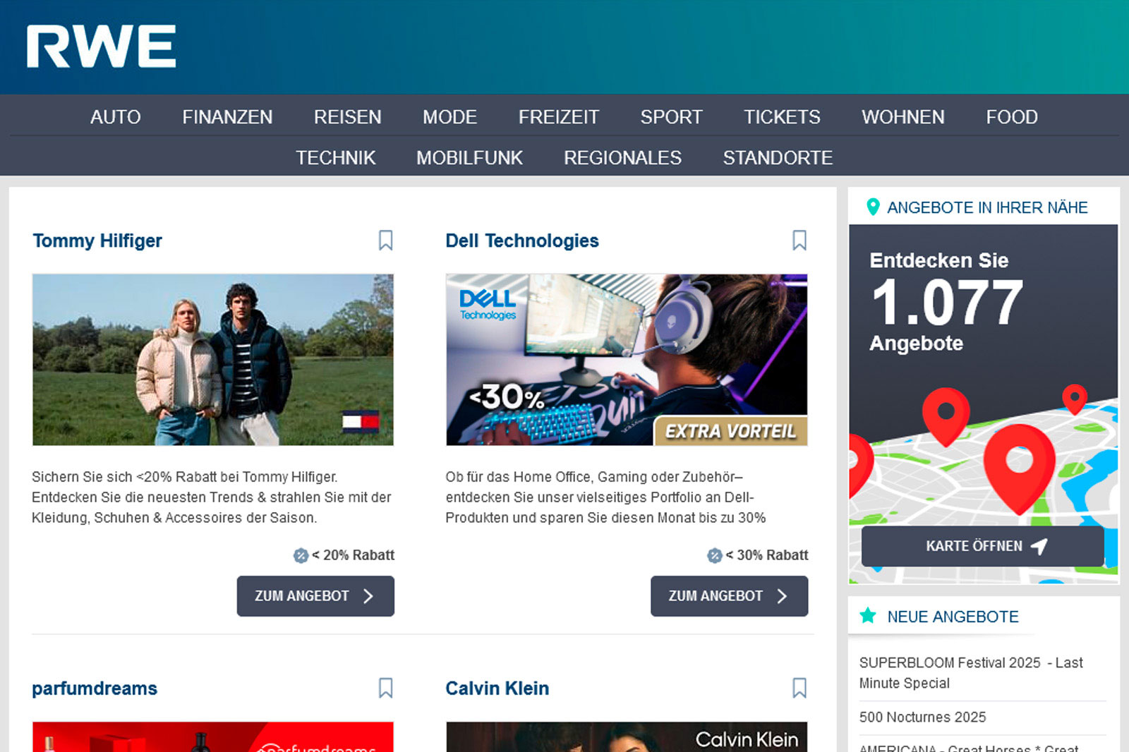 Zwei Personen in modischen Jacken stehen in einem grünen Feld und bewerben Tommy Hilfiger Kleidung. Dell Technologies bewirbt Rabatte.