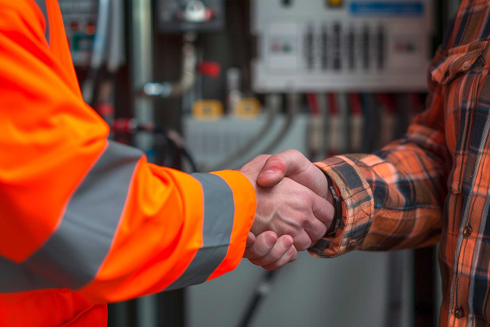 Zwei Personen schütteln sich die Hände, einer in einer leuchtend orangefarbenen Sicherheitsjacke und der andere in einem karierten Hemd, in einer Werkstatt.