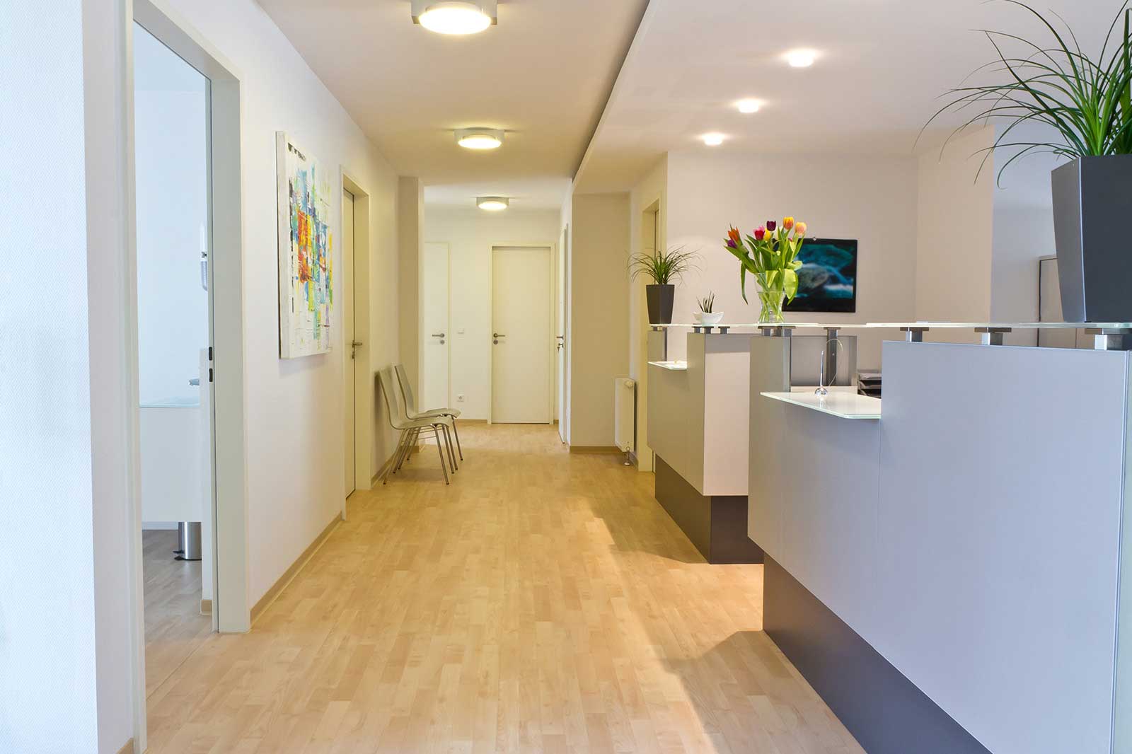 Ein moderner Empfangsbereich mit Holzboden, grauen Wänden, bunten Kunstwerken und Topfpflanzen.