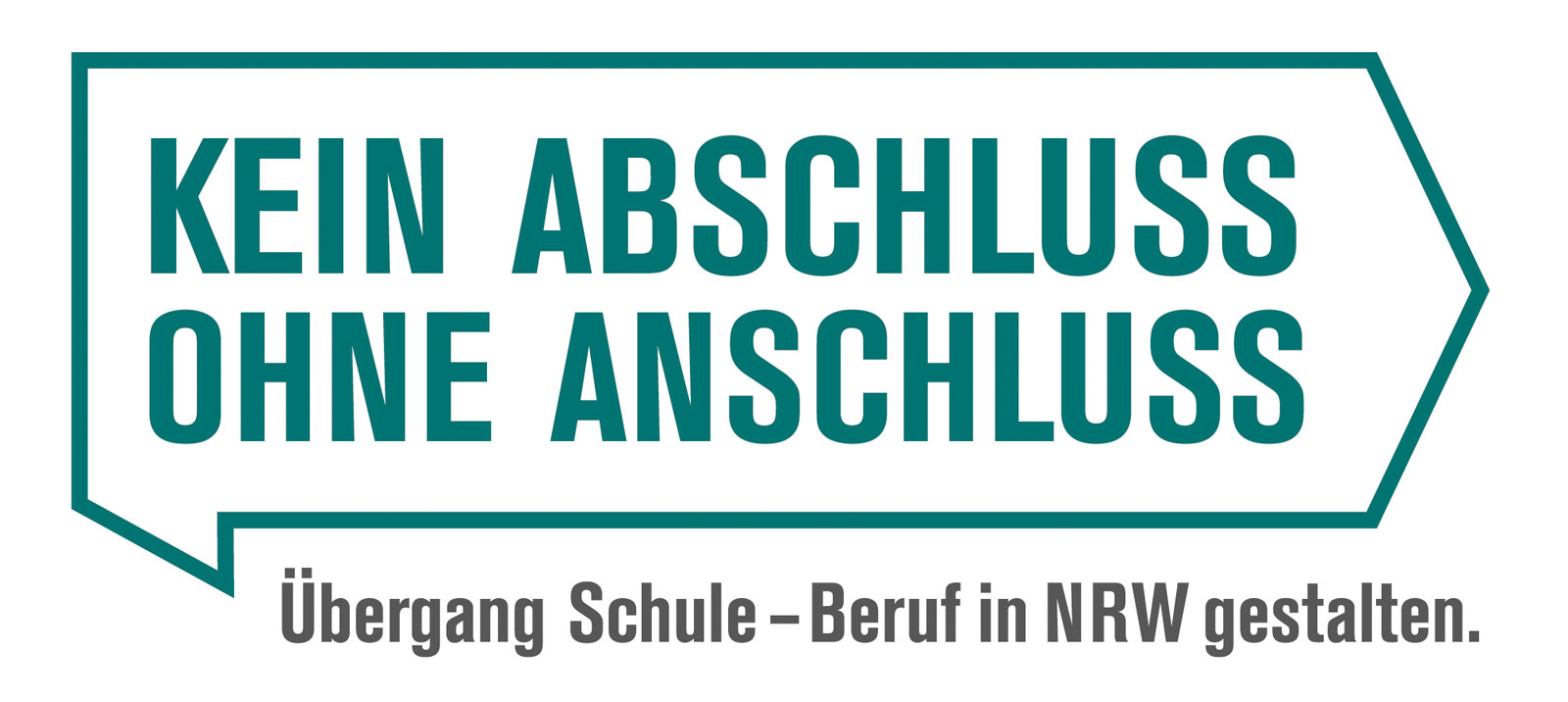 Das Bild zeigt eine Sprechblase mit dem Text 'Kein Abschluss ohne Anschluss', die den Übergang von Schule zu Beruf in NRW thematisiert.