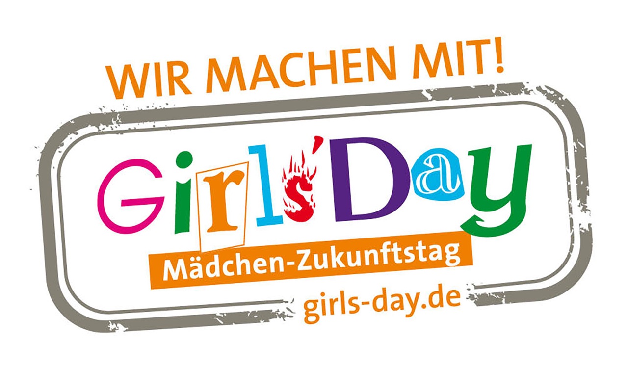 Logo für den Mädchen-Zukunftstag mit buntem Text und dem Satz 'Wir machen mit!', der für den Tag der Mädchen wirbt.